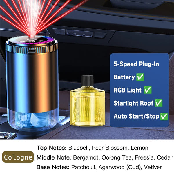 Difusor de Aroma para Coche Inteligente con Humidificador Recargable, Ambientador de Aceites Esenciales, 3 Niveles Ajustables, Luz LED Estrellada, Accesorio Interior para Automóvil, Perfume Montado, Purificador de Aire
