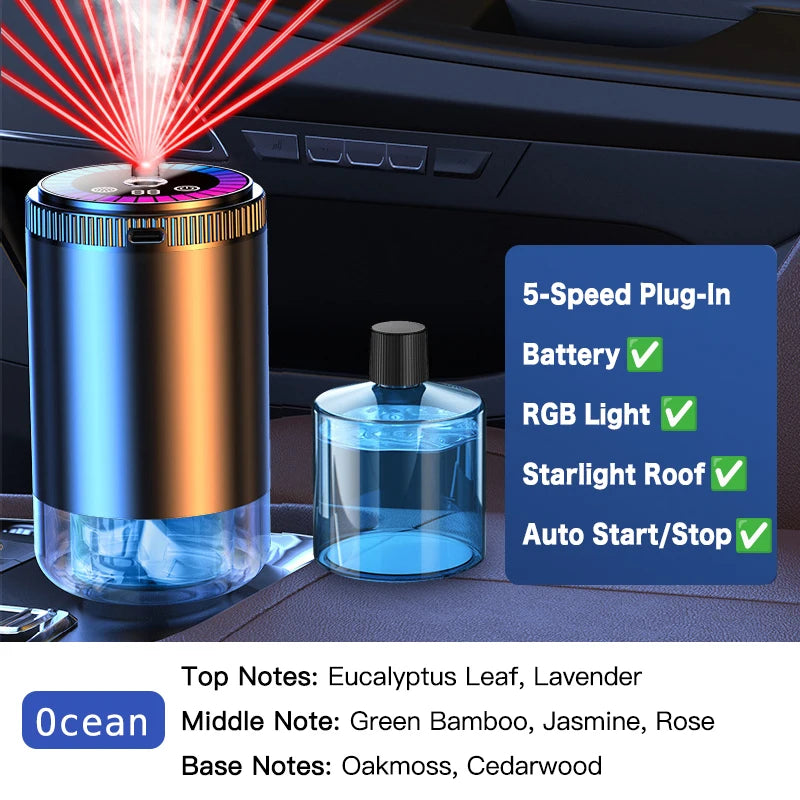 Difusor de Aroma para Coche Inteligente con Humidificador Recargable, Ambientador de Aceites Esenciales, 3 Niveles Ajustables, Luz LED Estrellada, Accesorio Interior para Automóvil, Perfume Montado, Purificador de Aire