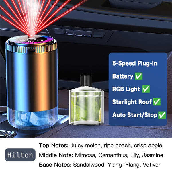 Difusor de Aroma para Coche Inteligente con Humidificador Recargable, Ambientador de Aceites Esenciales, 3 Niveles Ajustables, Luz LED Estrellada, Accesorio Interior para Automóvil, Perfume Montado, Purificador de Aire
