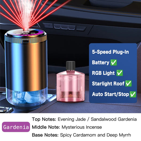 Difusor de Aroma para Coche Inteligente con Humidificador Recargable, Ambientador de Aceites Esenciales, 3 Niveles Ajustables, Luz LED Estrellada, Accesorio Interior para Automóvil, Perfume Montado, Purificador de Aire