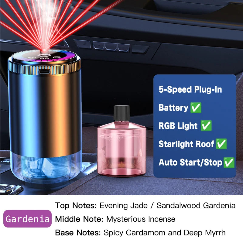Difusor de Aroma para Coche Inteligente con Humidificador Recargable, Ambientador de Aceites Esenciales, 3 Niveles Ajustables, Luz LED Estrellada, Accesorio Interior para Automóvil, Perfume Montado, Purificador de Aire