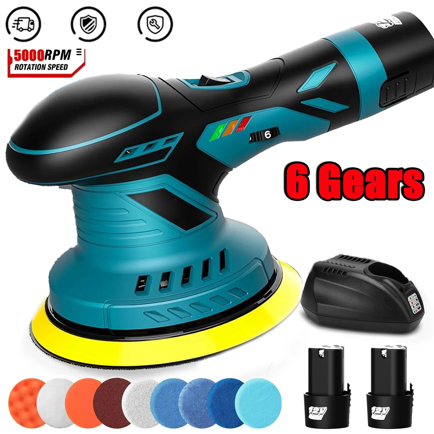 🚗✨ Pulidora Inalámbrica para Auto 12V con 6 Velocidades – Incluye 2 Baterías 2.0Ah + Kit de Accesorios
