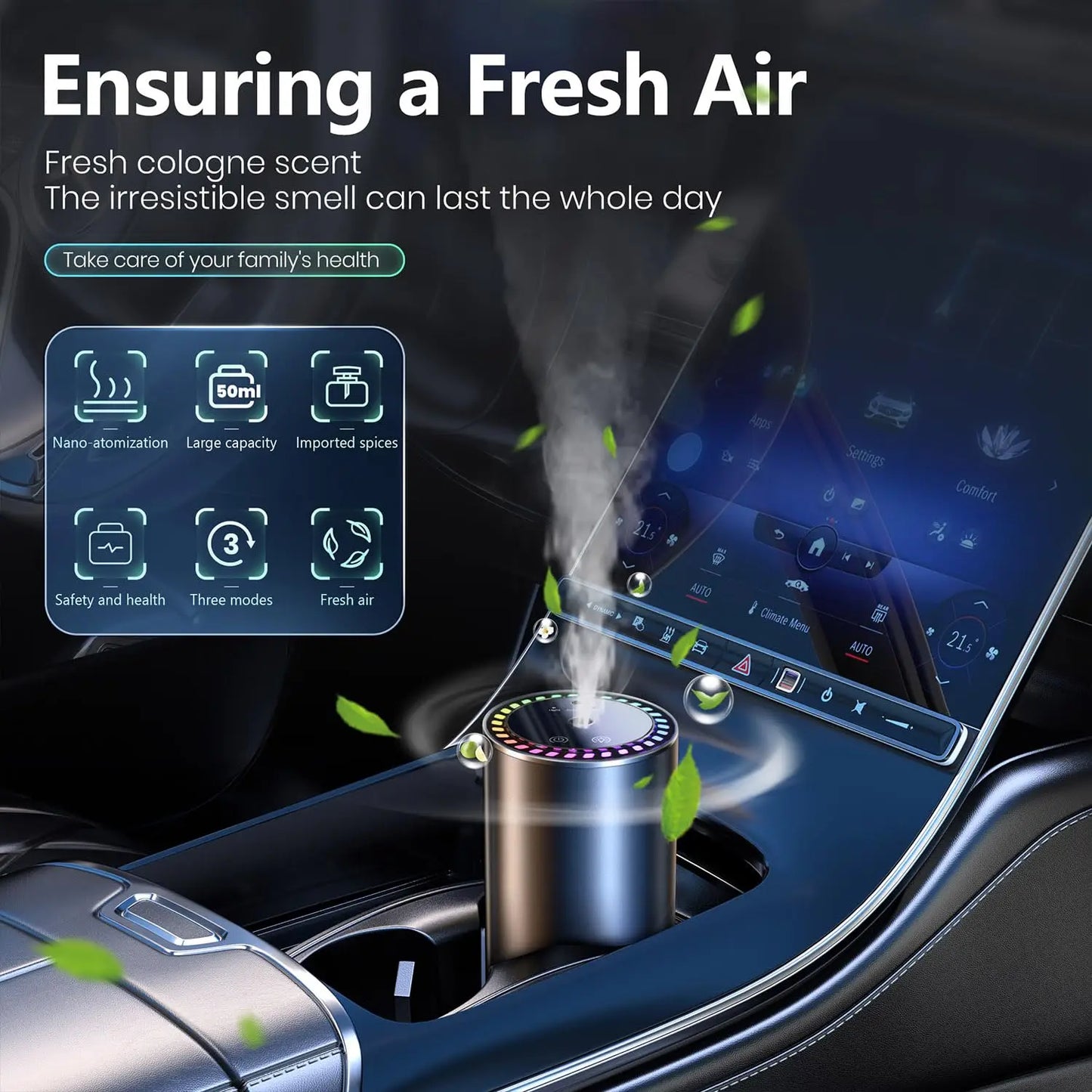 Difusor de Aroma para Coche Inteligente con Humidificador Recargable, Ambientador de Aceites Esenciales, 3 Niveles Ajustables, Luz LED Estrellada, Accesorio Interior para Automóvil, Perfume Montado, Purificador de Aire