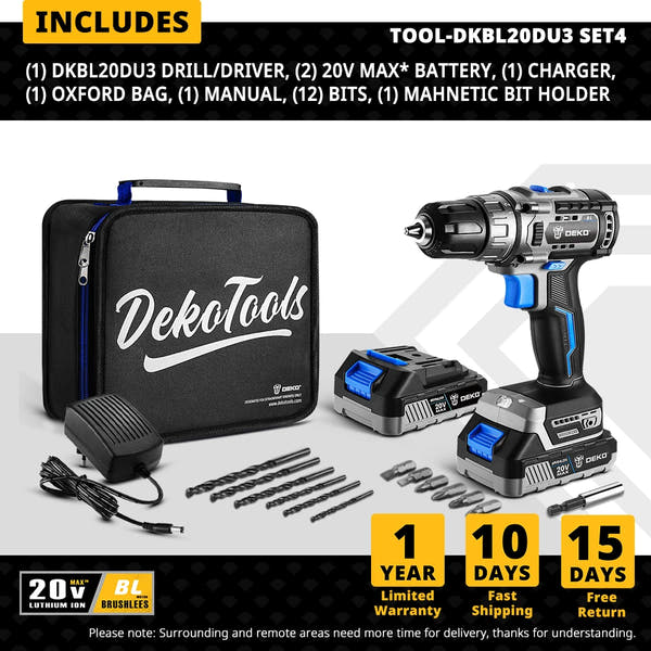 DEKO Taladro Inalámbrico 20V Brushless – Máxima Potencia y Precisión para tus Proyectos de DIY