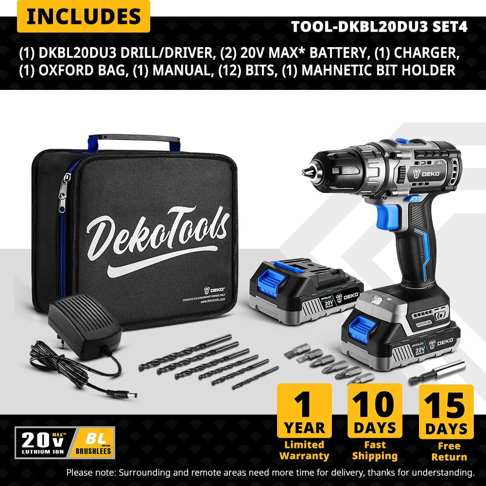 DEKO Taladro Inalámbrico 20V Brushless – Máxima Potencia y Precisión para tus Proyectos de DIY
