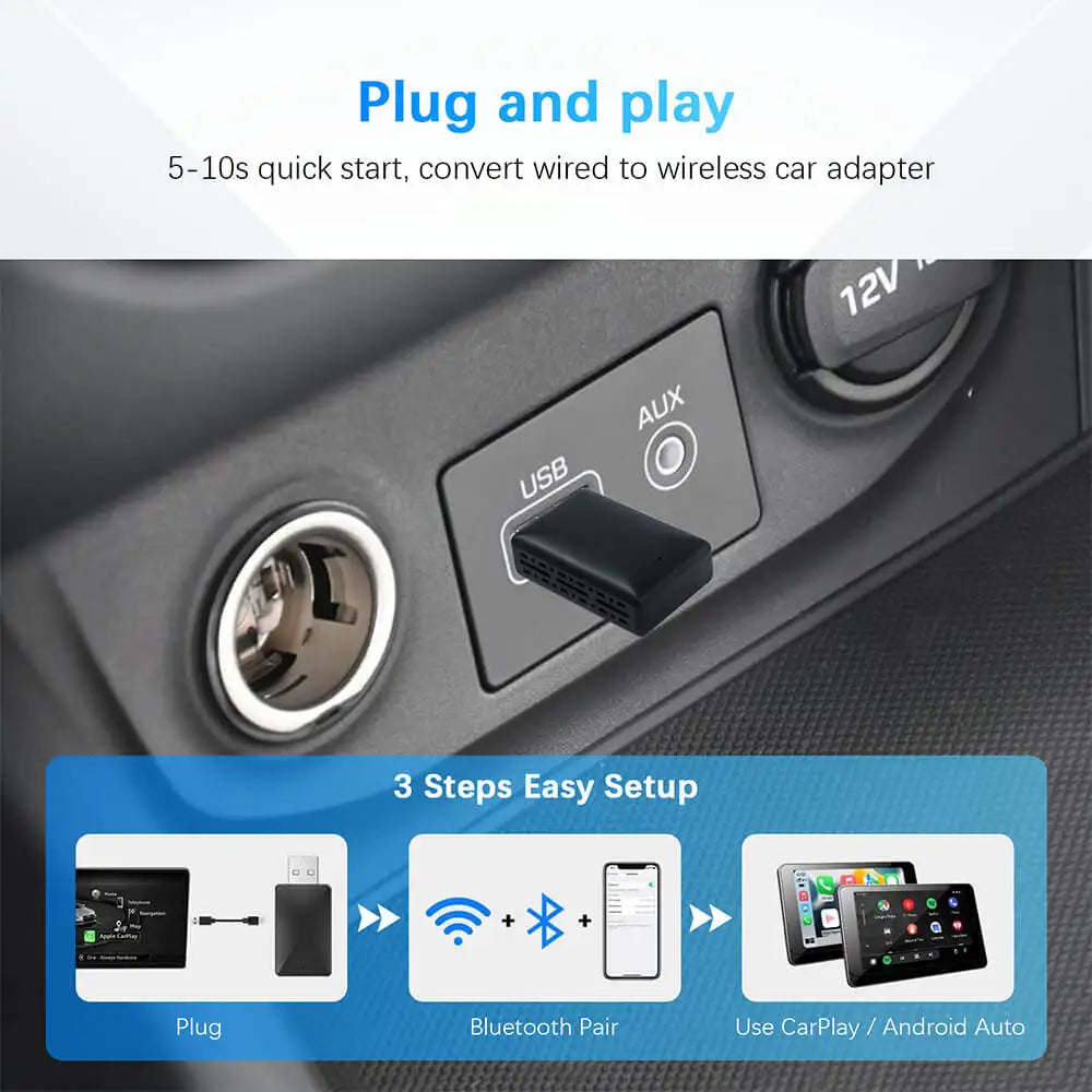 Adaptador 2 en 1 cableado a inalámbrico CarPlay Android Auto para estéreo de coche OEM con USB Plug and Play