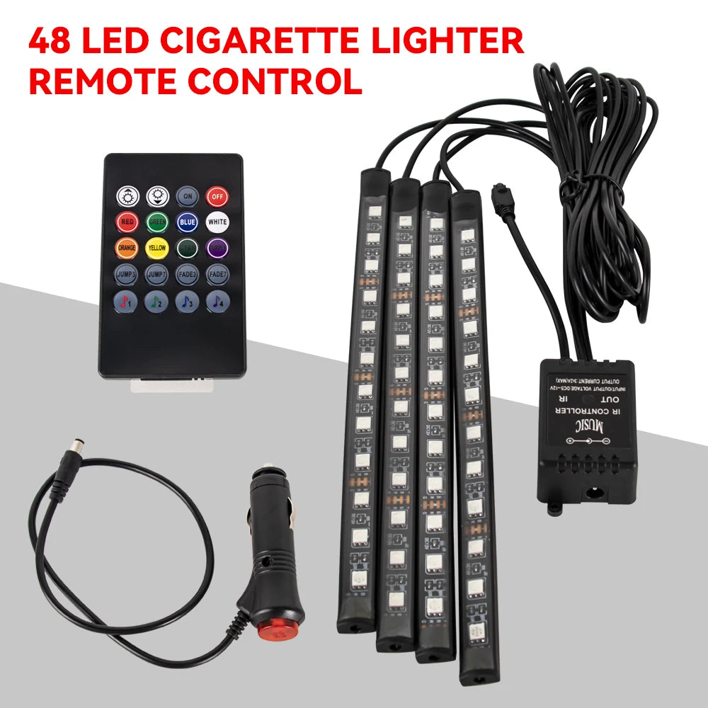 Neón 36 48 72 LED luz ambiental para pies Interior de coche Control remoto inalámbrico por aplicación de música lámpara decorativa de ambiente RGB automática