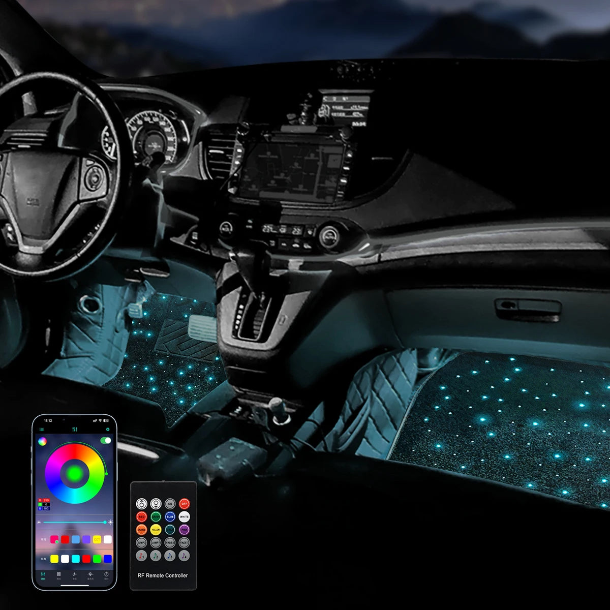 Alfombra de coche Starlight de 12V, alfombra Full Starlight, alfombrilla de pie Starlight, cambio de color, cinturón, aplicación, Control remoto, efecto de luz, alfombras LED