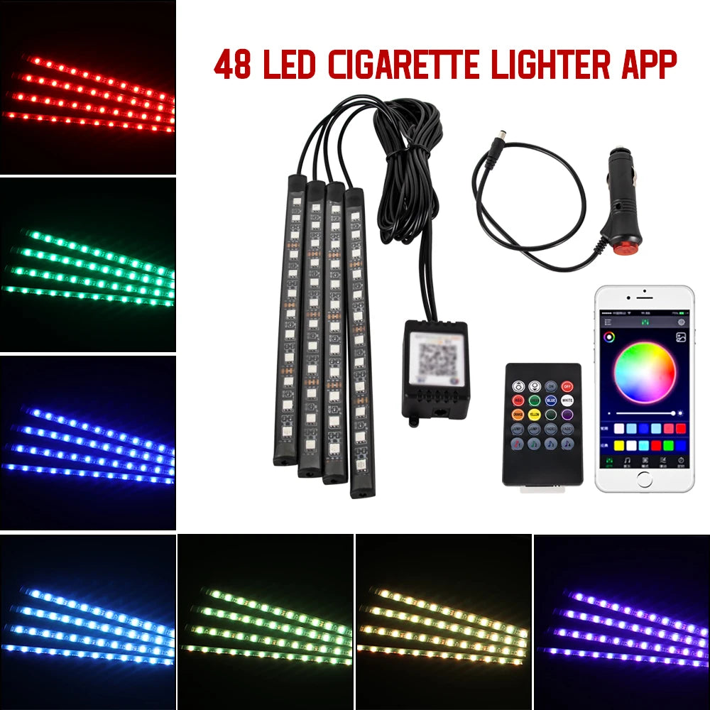 Neón 36 48 72 LED luz ambiental para pies Interior de coche Control remoto inalámbrico por aplicación de música lámpara decorativa de ambiente RGB automática