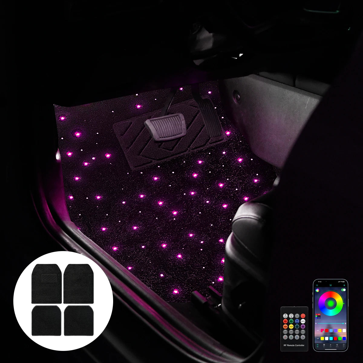 Alfombra de coche Starlight de 12V, alfombra Full Starlight, alfombrilla de pie Starlight, cambio de color, cinturón, aplicación, Control remoto, efecto de luz, alfombras LED