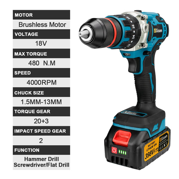 Gisam Taladro Inalámbrico 18V Brushless – Potente Taladro Percutor 3 en 1 con 480 N·m