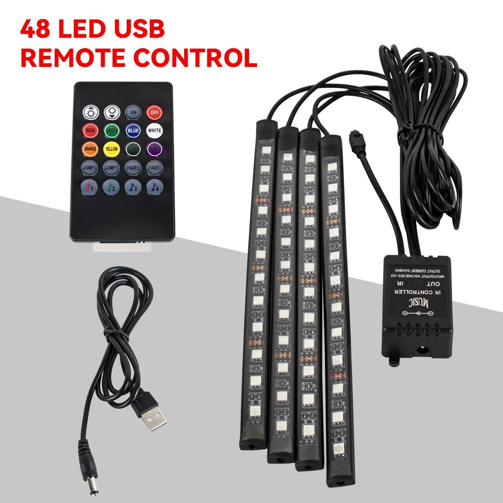 Neón 36 48 72 LED luz ambiental para pies Interior de coche Control remoto inalámbrico por aplicación de música lámpara decorativa de ambiente RGB automática
