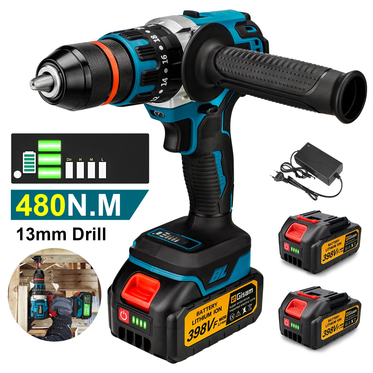 Gisam Taladro Inalámbrico 18V Brushless – Potente Taladro Percutor 3 en 1 con 480 N·m