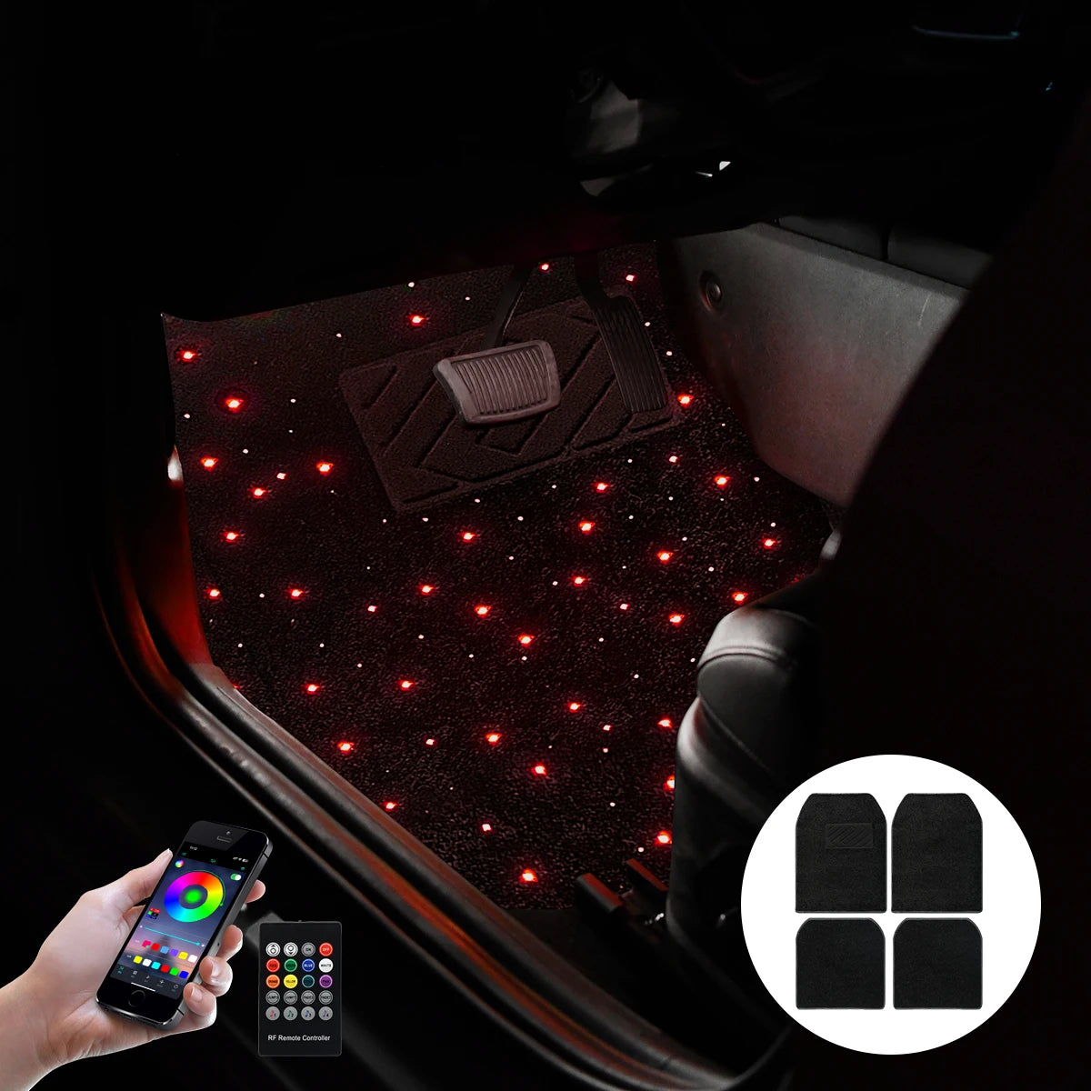 Alfombra de coche Starlight de 12V, alfombra Full Starlight, alfombrilla de pie Starlight, cambio de color, cinturón, aplicación, Control remoto, efecto de luz, alfombras LED