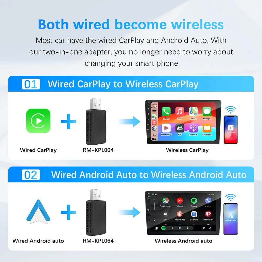 Adaptador 2 en 1 cableado a inalámbrico CarPlay Android Auto para estéreo de coche OEM con USB Plug and Play