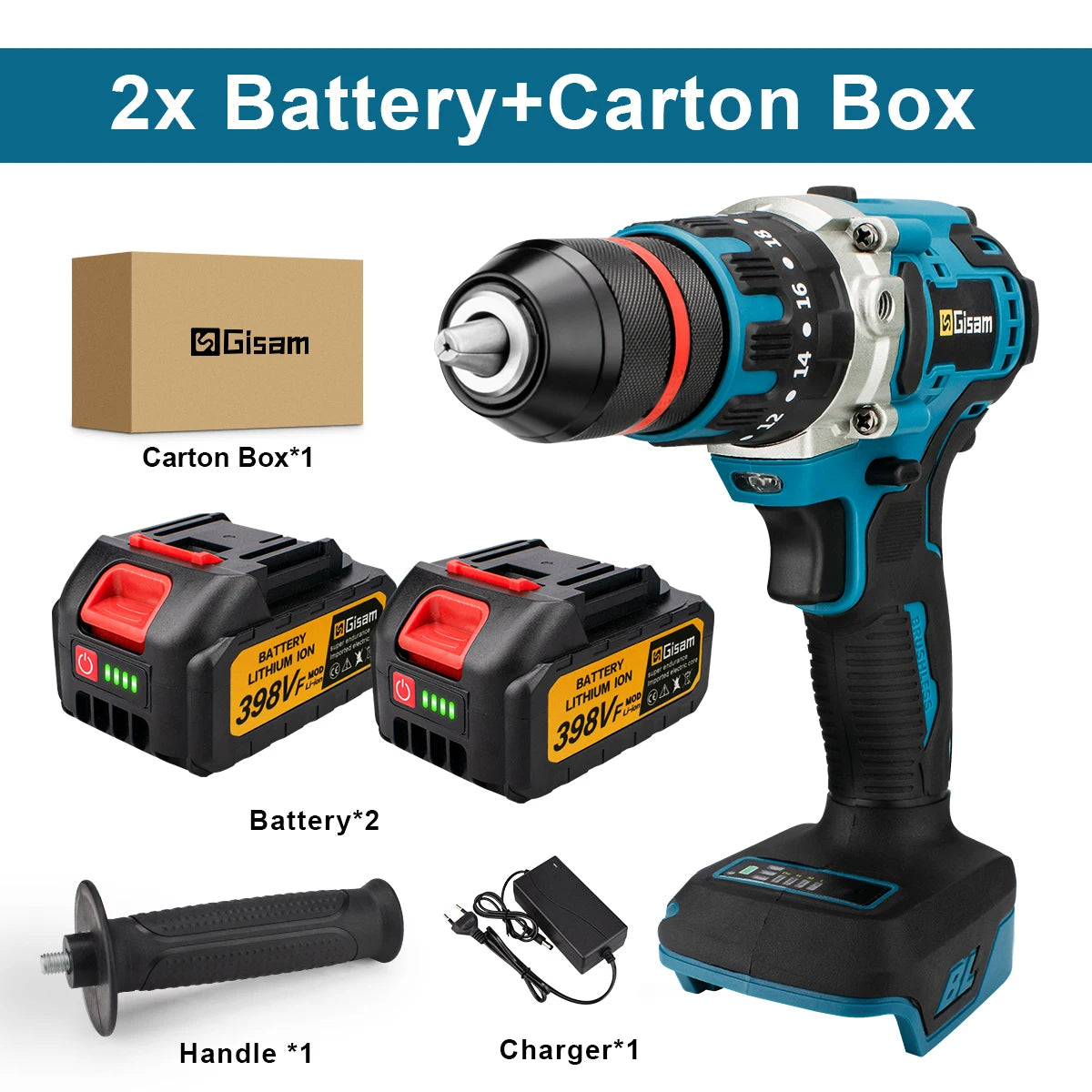 Gisam Taladro Inalámbrico 18V Brushless – Potente Taladro Percutor 3 en 1 con 480 N·m