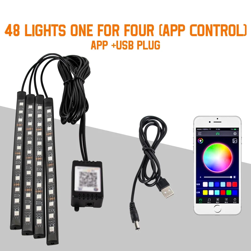 Neón 36 48 72 LED luz ambiental para pies Interior de coche Control remoto inalámbrico por aplicación de música lámpara decorativa de ambiente RGB automática