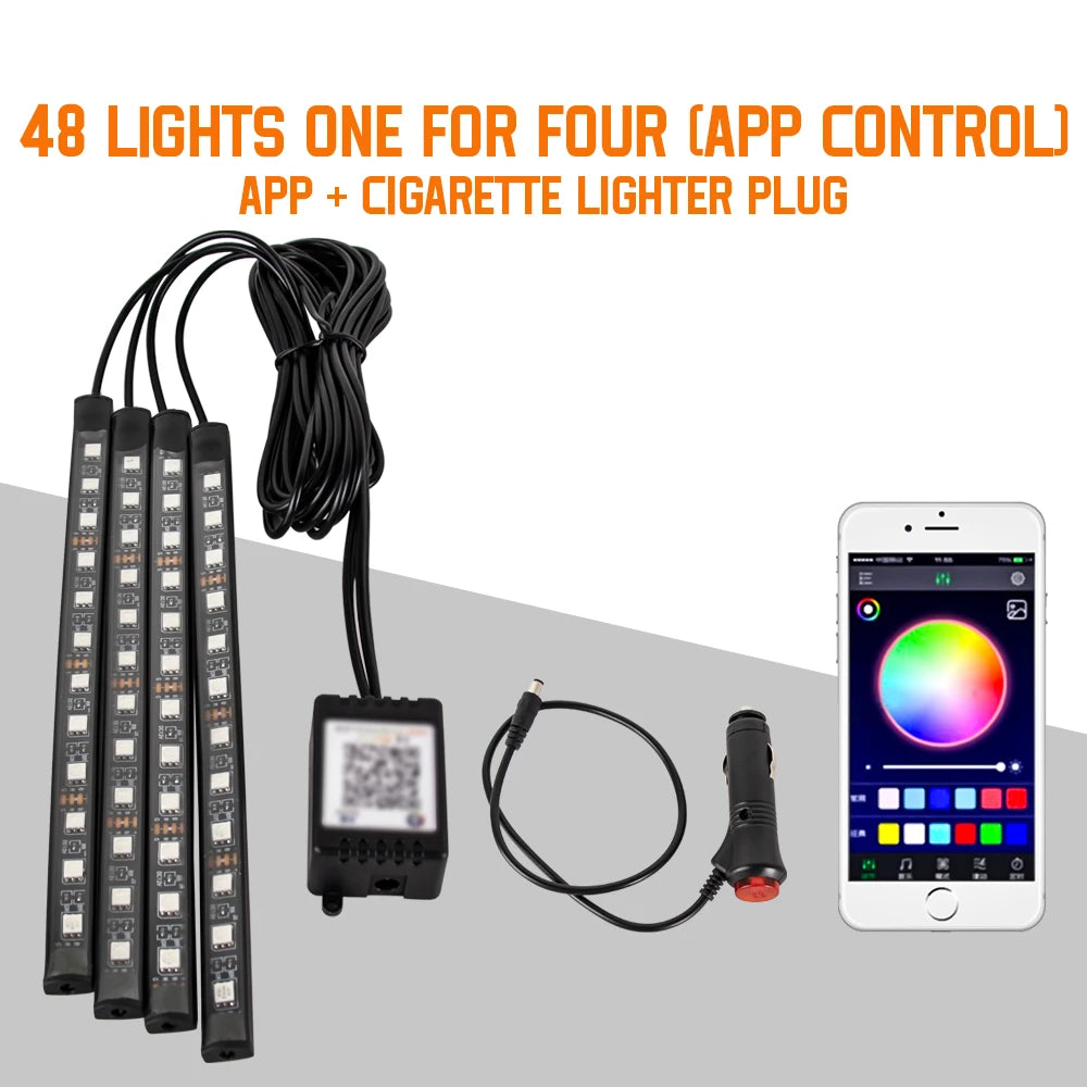 Neón 36 48 72 LED luz ambiental para pies Interior de coche Control remoto inalámbrico por aplicación de música lámpara decorativa de ambiente RGB automática
