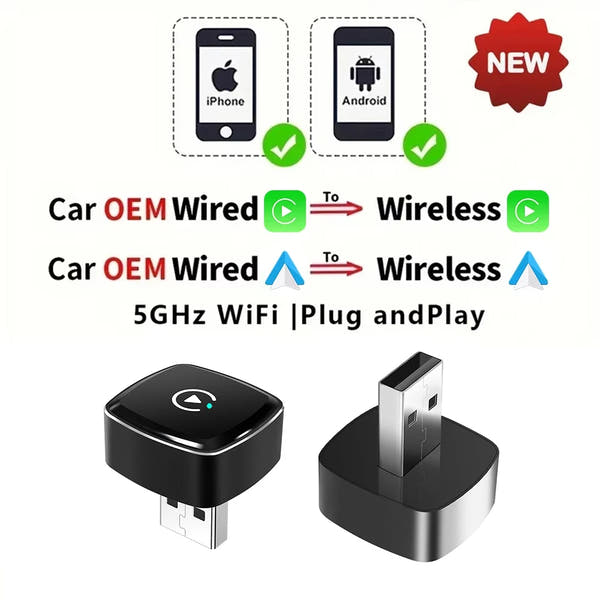 Adaptador 2 en 1 cableado a inalámbrico CarPlay Android Auto para estéreo de coche OEM con USB Plug and Play