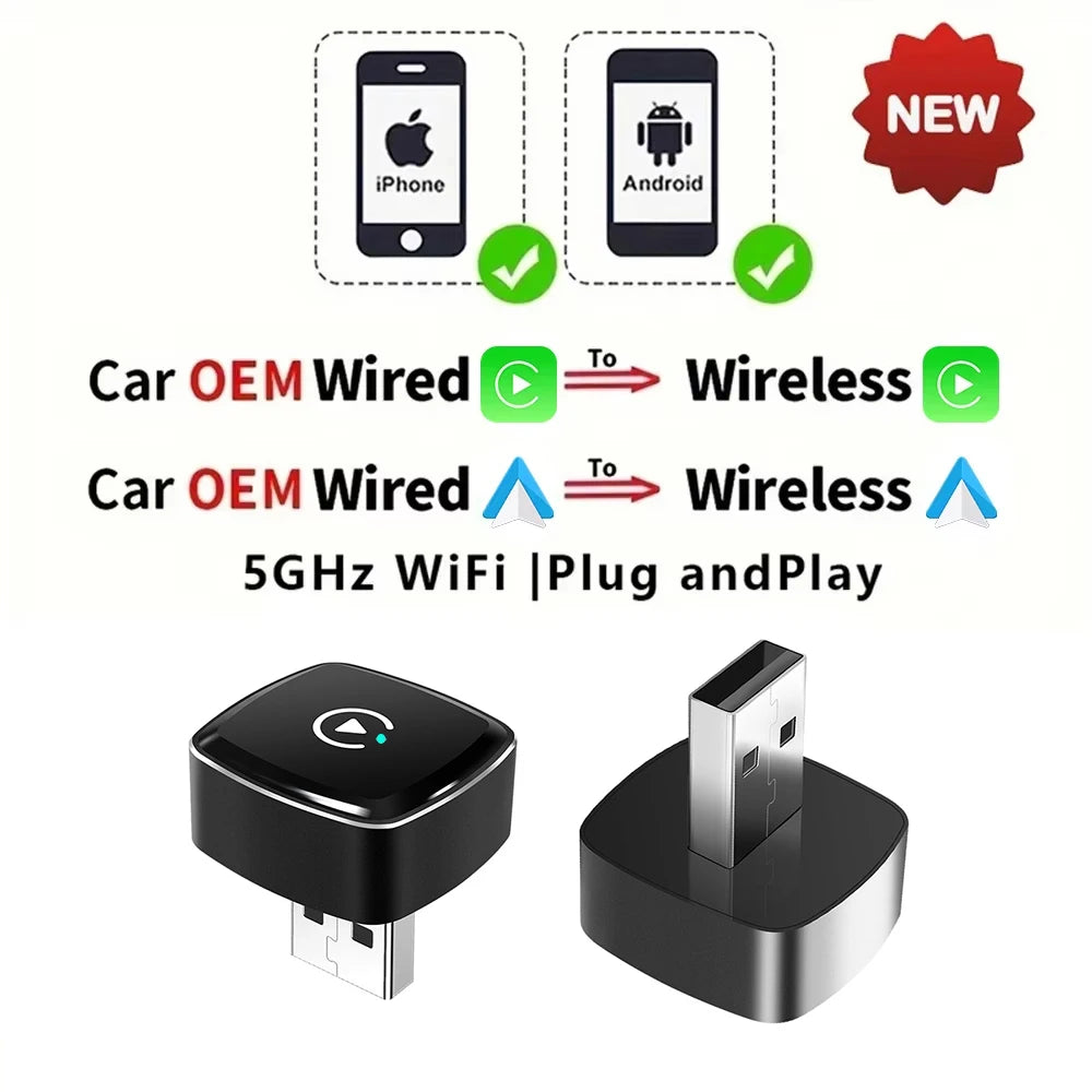 Adaptador 2 en 1 cableado a inalámbrico CarPlay Android Auto para estéreo de coche OEM con USB Plug and Play