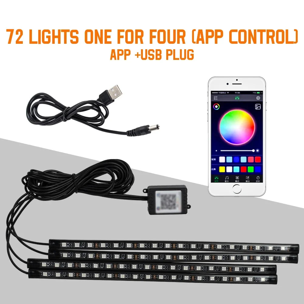 Neón 36 48 72 LED luz ambiental para pies Interior de coche Control remoto inalámbrico por aplicación de música lámpara decorativa de ambiente RGB automática