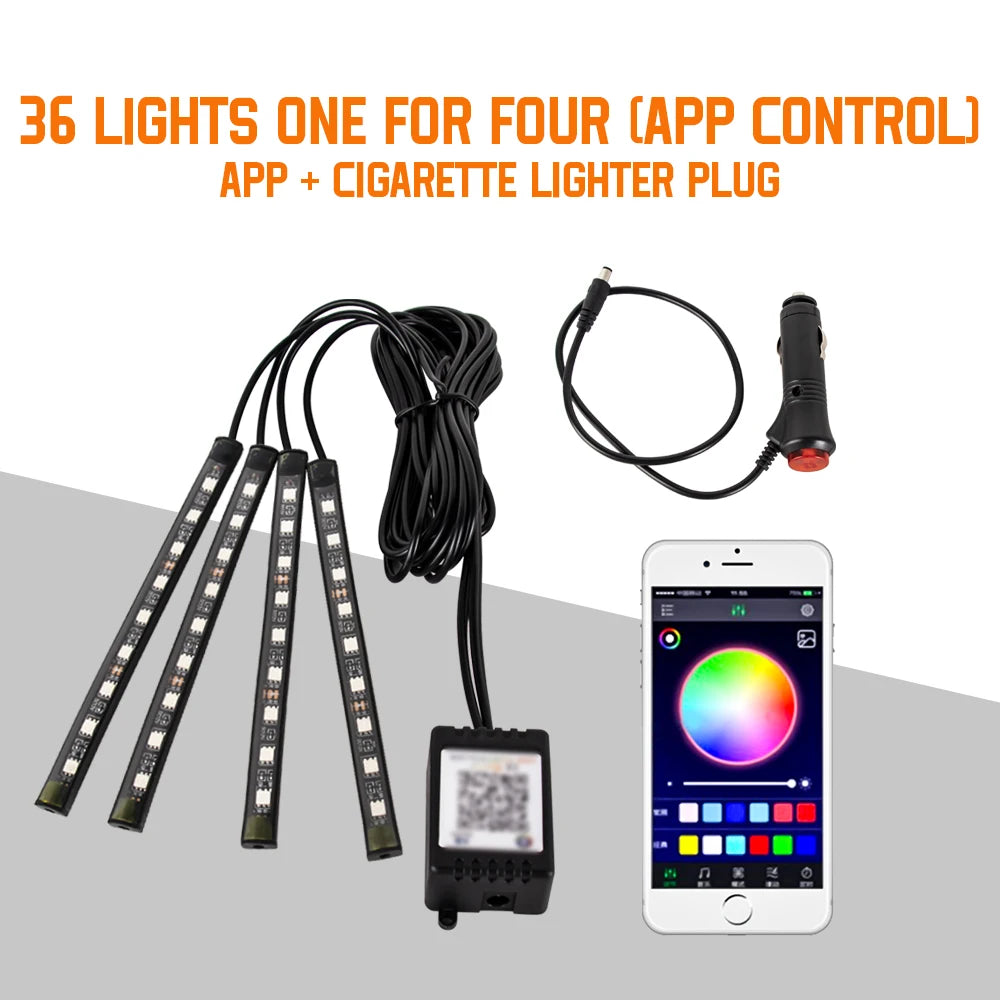 Neón 36 48 72 LED luz ambiental para pies Interior de coche Control remoto inalámbrico por aplicación de música lámpara decorativa de ambiente RGB automática