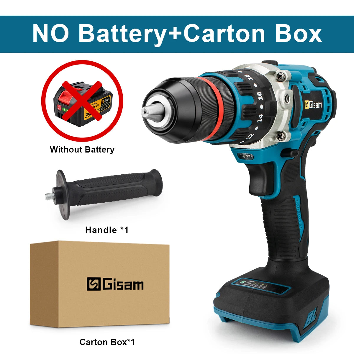 Gisam Taladro Inalámbrico 18V Brushless – Potente Taladro Percutor 3 en 1 con 480 N·m