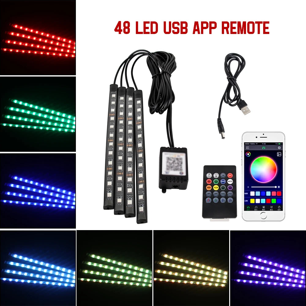 Neón 36 48 72 LED luz ambiental para pies Interior de coche Control remoto inalámbrico por aplicación de música lámpara decorativa de ambiente RGB automática