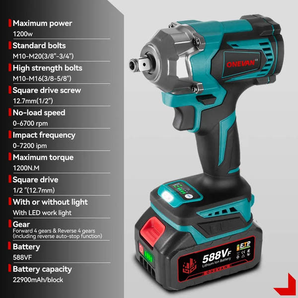 ONEVAN 18V Llave de Impacto Brushless – 1200 N·m, 8 Velocidades, con Luz LED