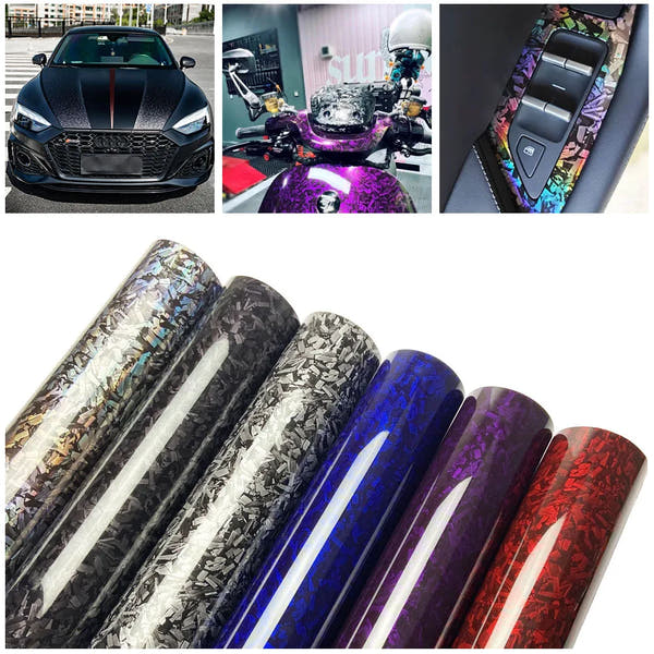 Envoltura de vinilo de fibra de carbono forjado con láser brillante, pegatina autoadhesiva para coche, película de carbono de vinilo brillante impermeable para calcomanía de coche