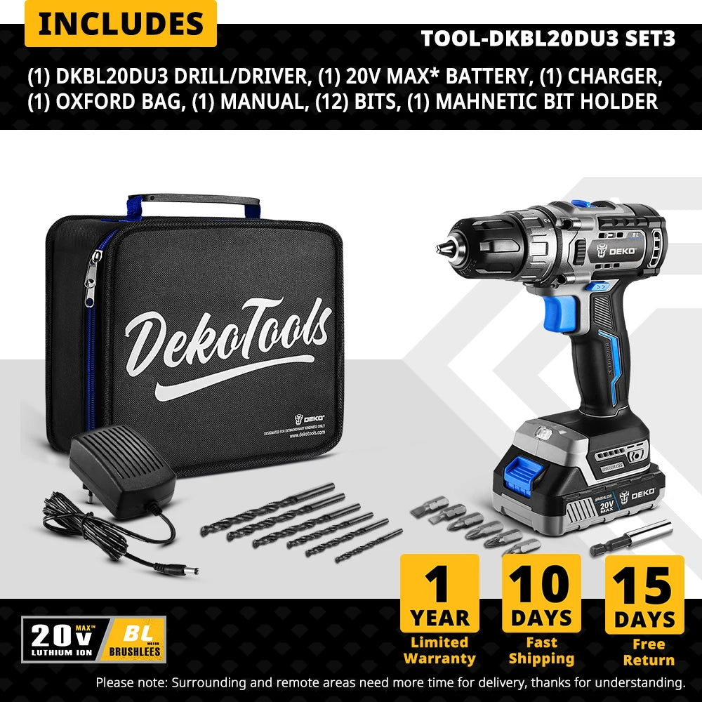 DEKO Taladro Inalámbrico 20V Brushless – Máxima Potencia y Precisión para tus Proyectos de DIY