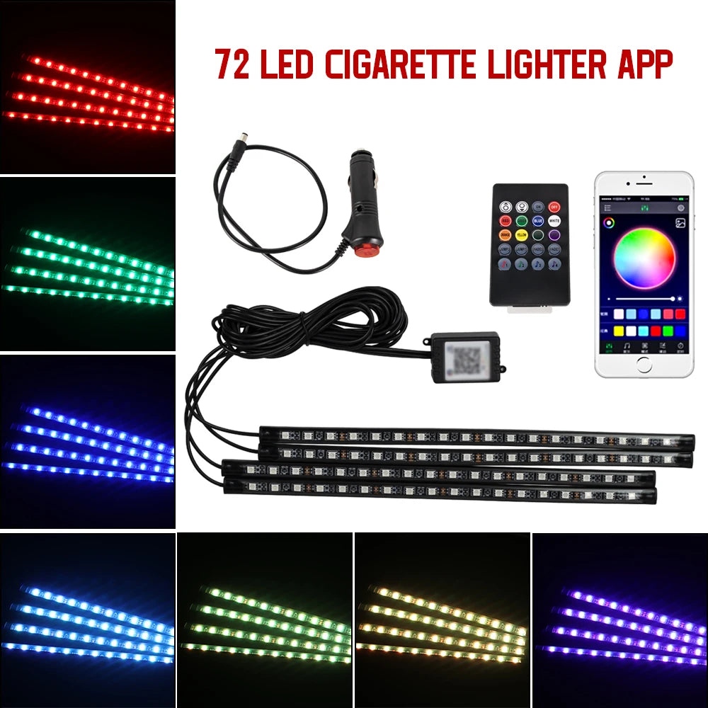 Neón 36 48 72 LED luz ambiental para pies Interior de coche Control remoto inalámbrico por aplicación de música lámpara decorativa de ambiente RGB automática