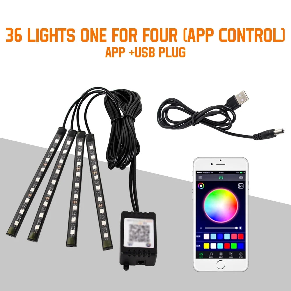 Neón 36 48 72 LED luz ambiental para pies Interior de coche Control remoto inalámbrico por aplicación de música lámpara decorativa de ambiente RGB automática