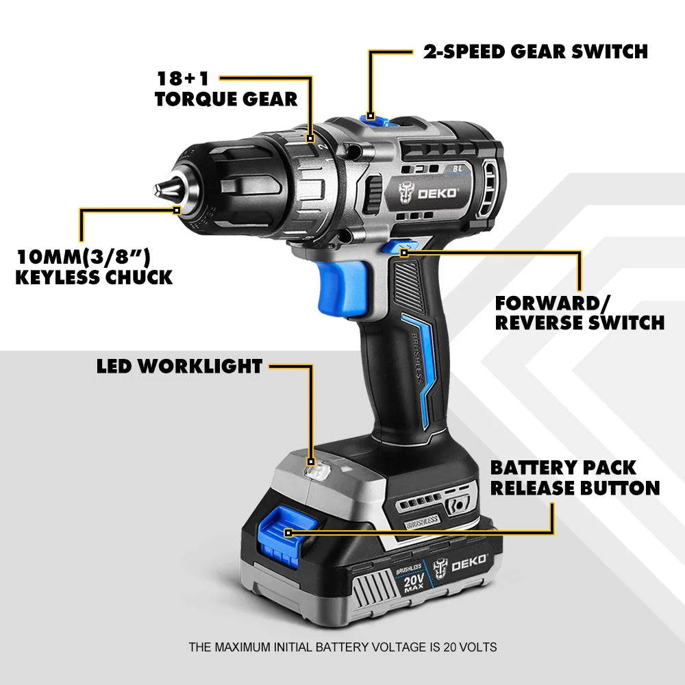 DEKO Taladro Inalámbrico 20V Brushless – Máxima Potencia y Precisión para tus Proyectos de DIY