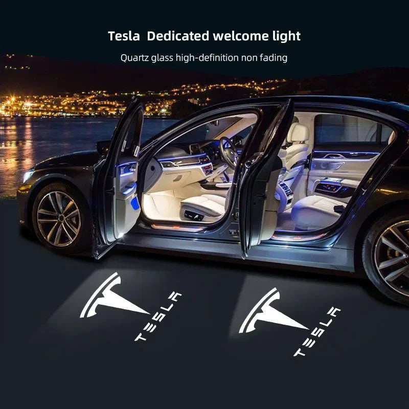 Luces LED Proyectoras Tesla – Bienvenida de Puerta, 2 Piezas (Model 3, S, X, Y, Cybertruck, Roadster)