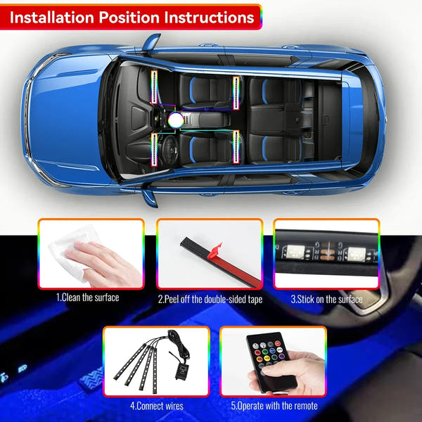Neón 36 48 72 LED luz ambiental para pies Interior de coche Control remoto inalámbrico por aplicación de música lámpara decorativa de ambiente RGB automática