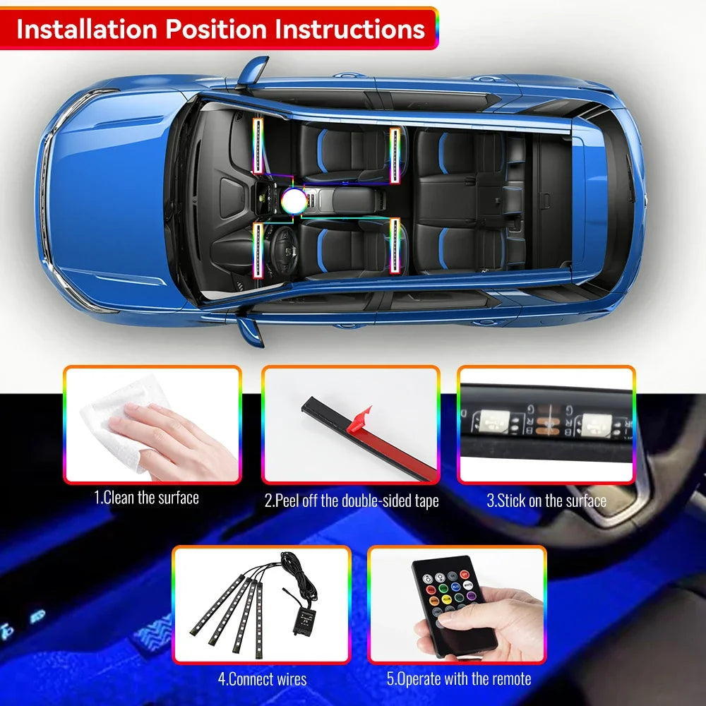 Neón 36 48 72 LED luz ambiental para pies Interior de coche Control remoto inalámbrico por aplicación de música lámpara decorativa de ambiente RGB automática