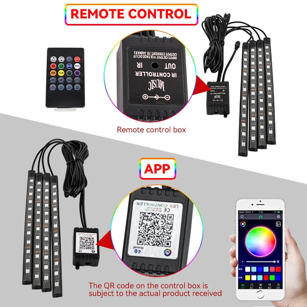 Neón 36 48 72 LED luz ambiental para pies Interior de coche Control remoto inalámbrico por aplicación de música lámpara decorativa de ambiente RGB automática