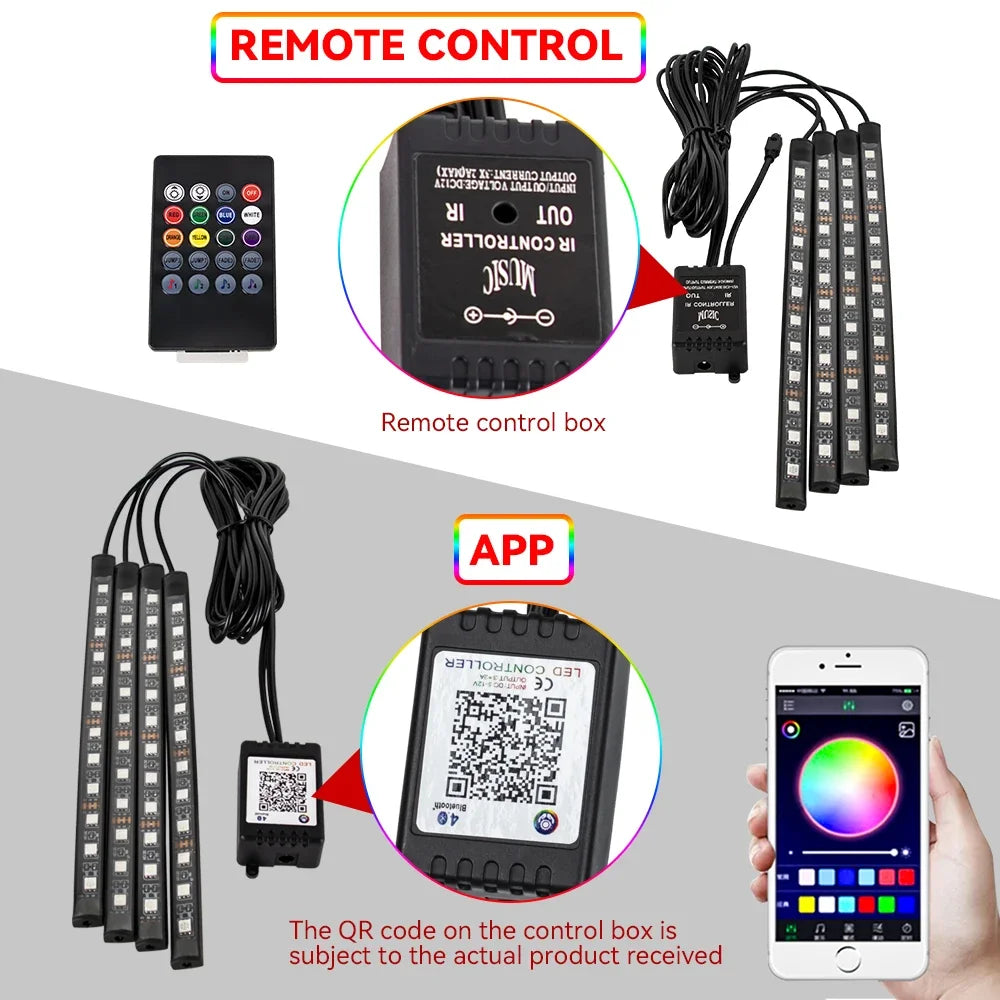Neón 36 48 72 LED luz ambiental para pies Interior de coche Control remoto inalámbrico por aplicación de música lámpara decorativa de ambiente RGB automática