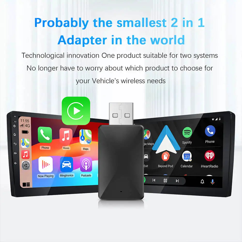 Adaptador 2 en 1 cableado a inalámbrico CarPlay Android Auto para estéreo de coche OEM con USB Plug and Play