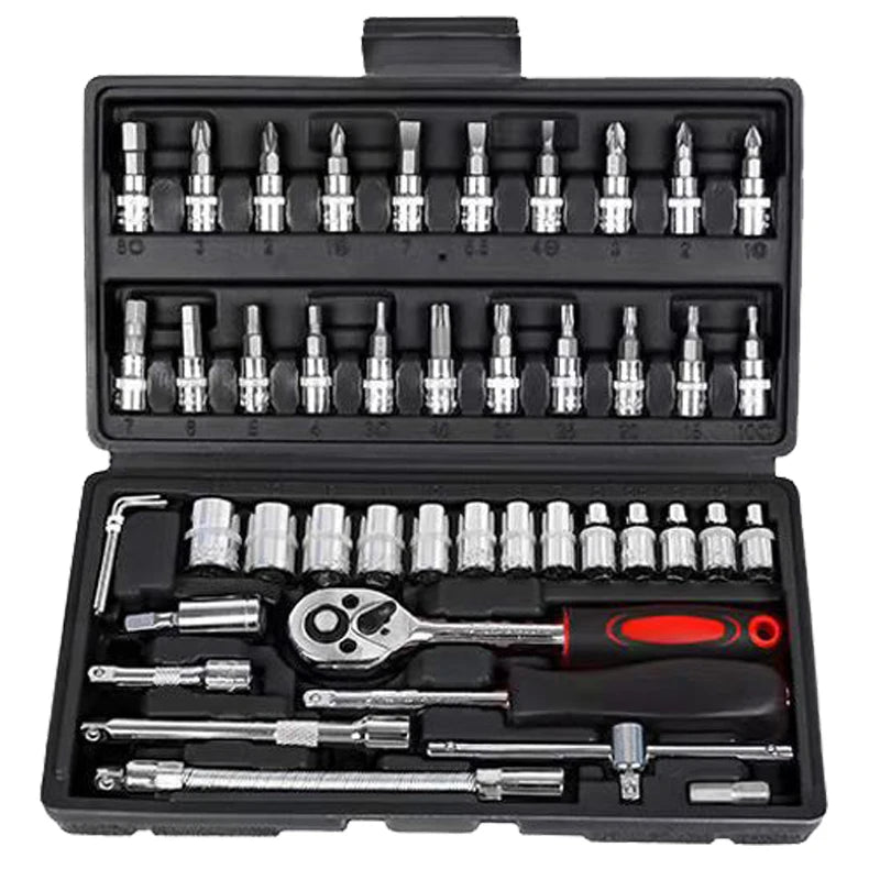 Kit de herramientas para reparación de automóviles de 46 piezas, juego de dados de 1/4 de pulgada, conjunto de llaves de carraca y torque, conjunto de reparación de autos, herramienta para mecánico