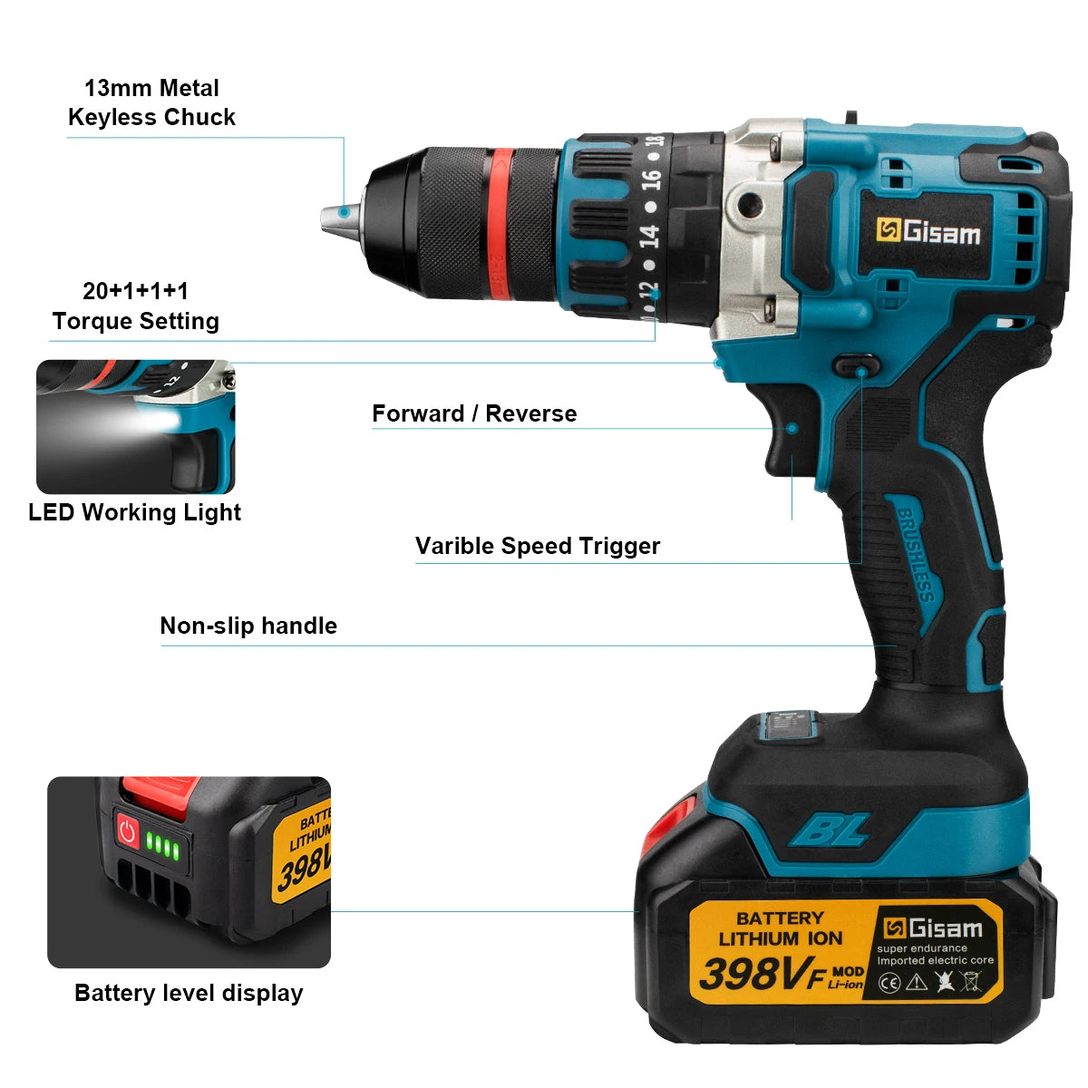 Gisam Taladro Inalámbrico 18V Brushless – Potente Taladro Percutor 3 en 1 con 480 N·m