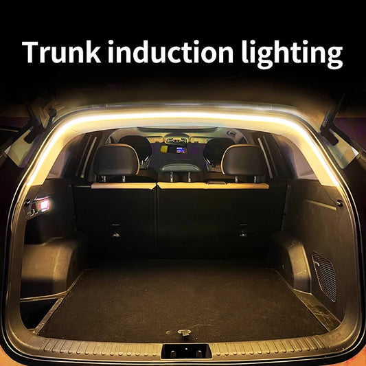 Iluminación de maletero de alto brillo para coche, luz ambiental, decoración interior, cableado LED, tira de luces para puerta trasera con detección automática sin cables
