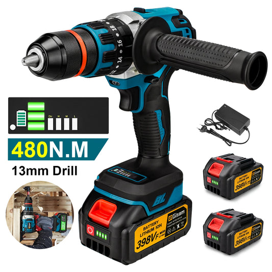 Gisam Taladro Inalámbrico 18V Brushless – Potente Taladro Percutor 3 en 1 con 480 N·m