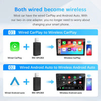 Adaptador 2 en 1 cableado a inalámbrico CarPlay Android Auto para estéreo de coche OEM con USB Plug and Play