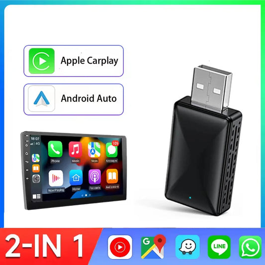 Adaptador 2 en 1 cableado a inalámbrico CarPlay Android Auto para estéreo de coche OEM con USB Plug and Play