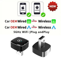 Adaptador 2 en 1 cableado a inalámbrico CarPlay Android Auto para estéreo de coche OEM con USB Plug and Play