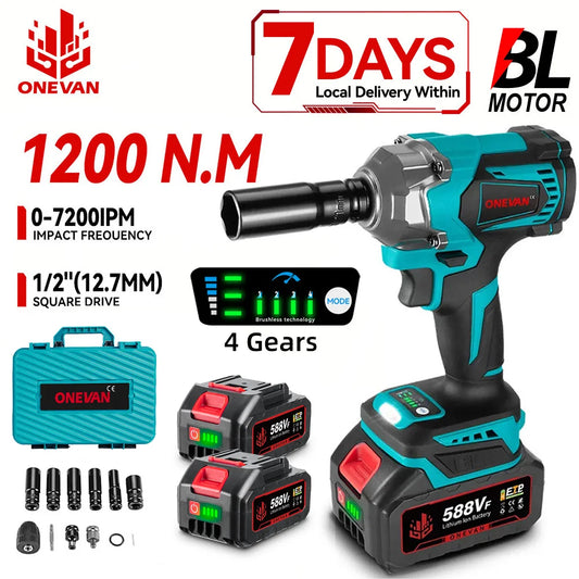ONEVAN 18V Llave de Impacto Brushless – 1200 N·m, 8 Velocidades, con Luz LED